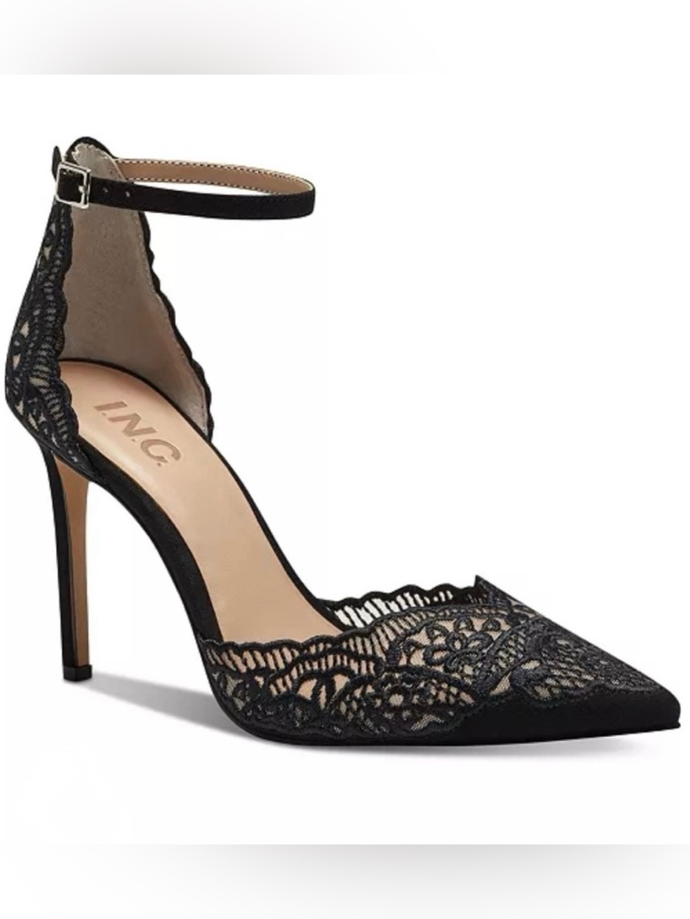 INC International Concepts Black Lace Ankle-Strap Pointed-Toe Pump